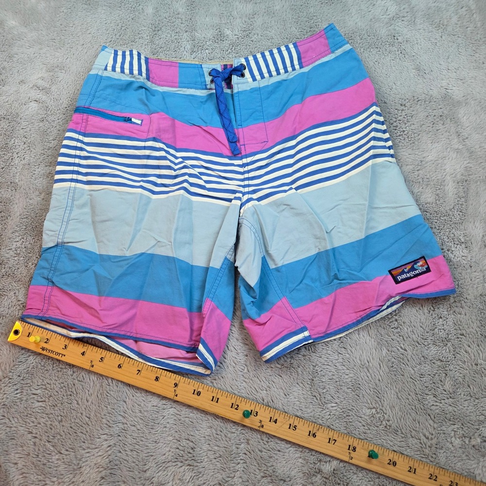 Patagonia Board Shorts Mens Sz 33 Striped Recycled Nylon Swim Trunks Pink Blue